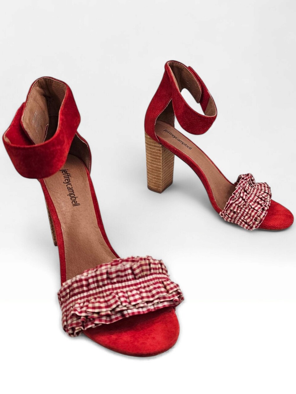 JEFFREY CAMPBELL Lindsay Red Ruffle Gingham & Suede Ankle Strap Sandals Heels 9M